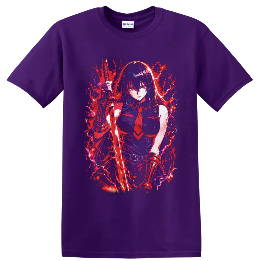 Esdeath Akame ga Kill anime warrior with katana, crimson splatter, and purple lightning on a Purple T Shirt