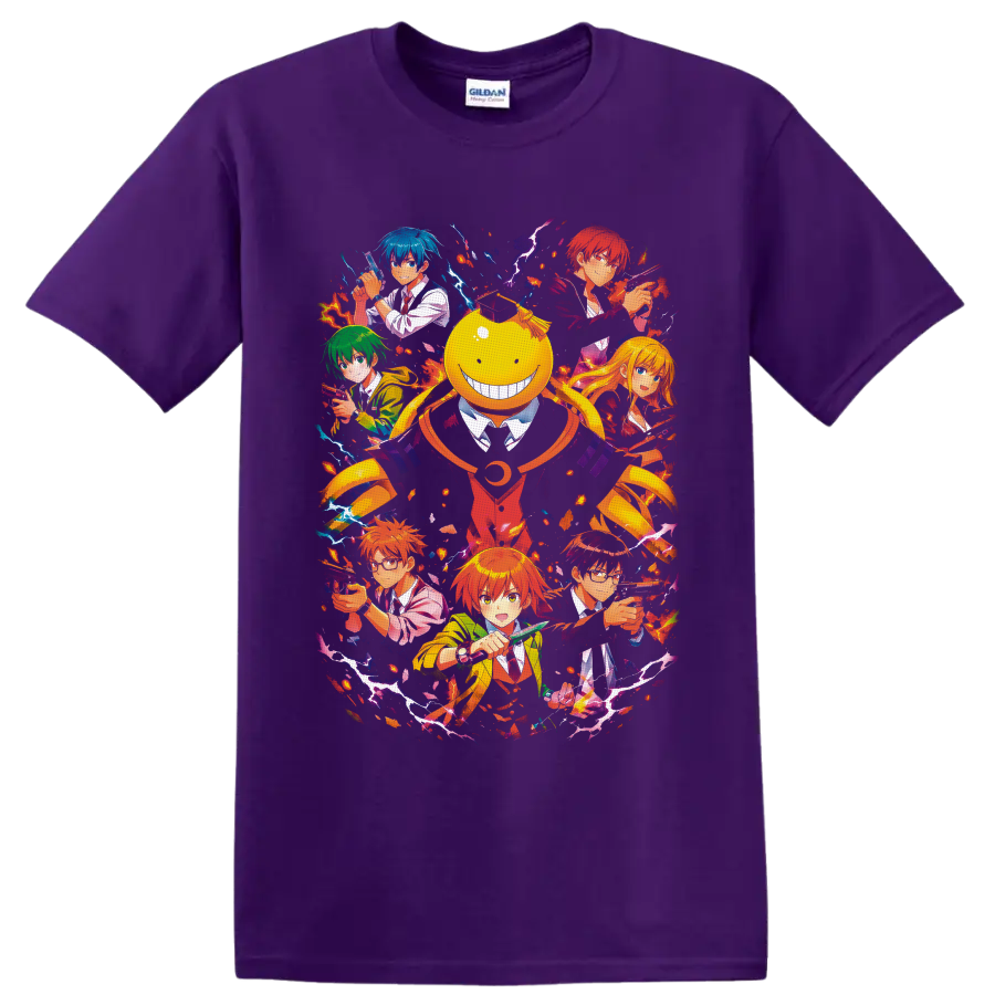 Koro-sensei and Class 3-E anime action collage with lightning and fiery splashes on a Purple T Shirt