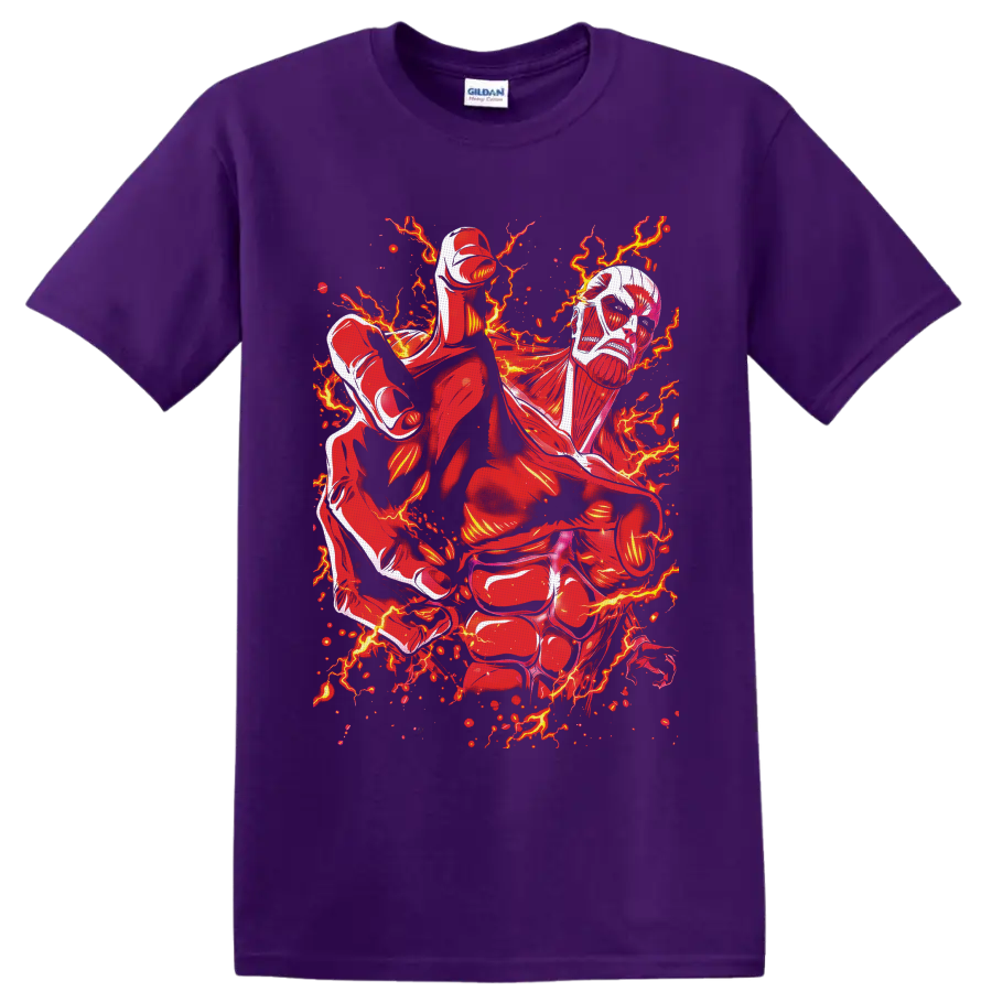 Colossal Titan Attack on Titan manga art with red lightning and fiery sparks on a Purple T Shirt