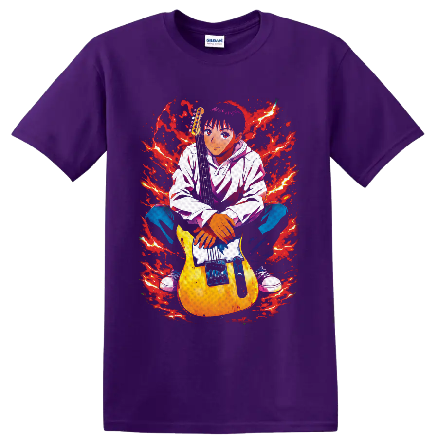 Yukio Tanaka Koyuki with electric guitar in red lightning anime rock art on a Purple T Shirt