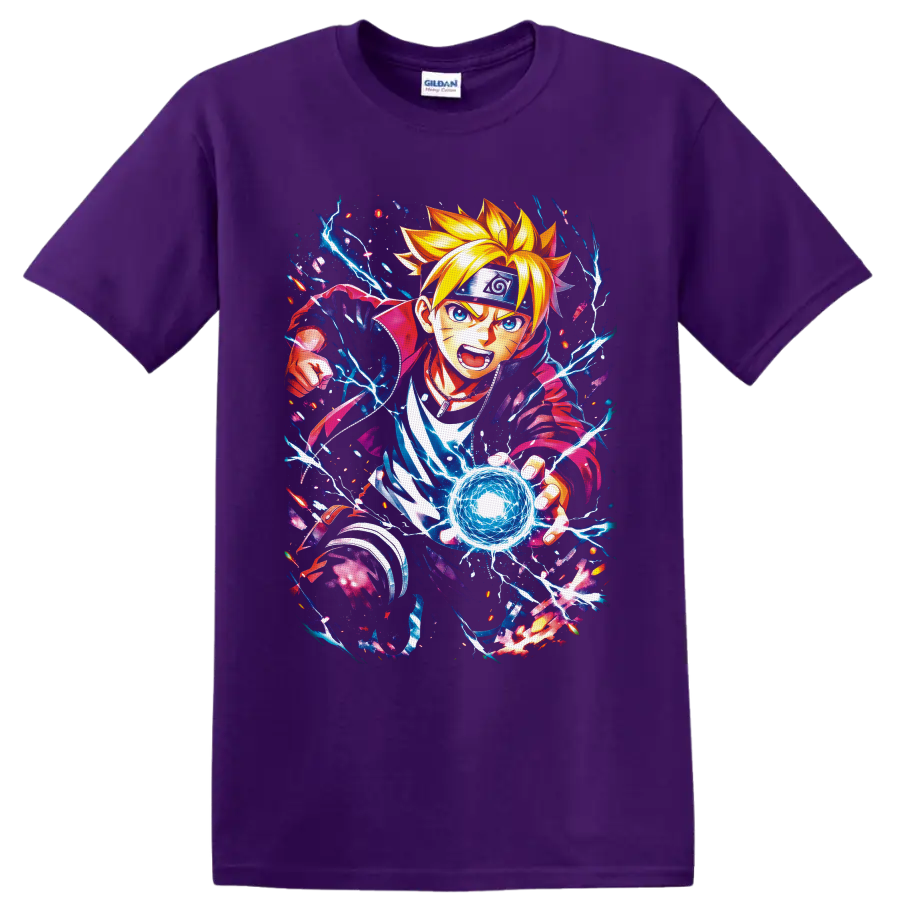 Boruto Uzumaki anime art charging a blue lightning energy orb on a Purple T Shirt