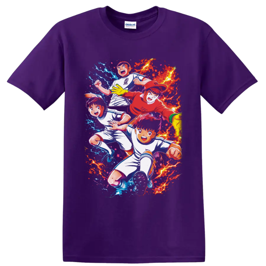 Captain Tsubasa soccer anime players with red flames and blue lightning on a Purple T Shirt