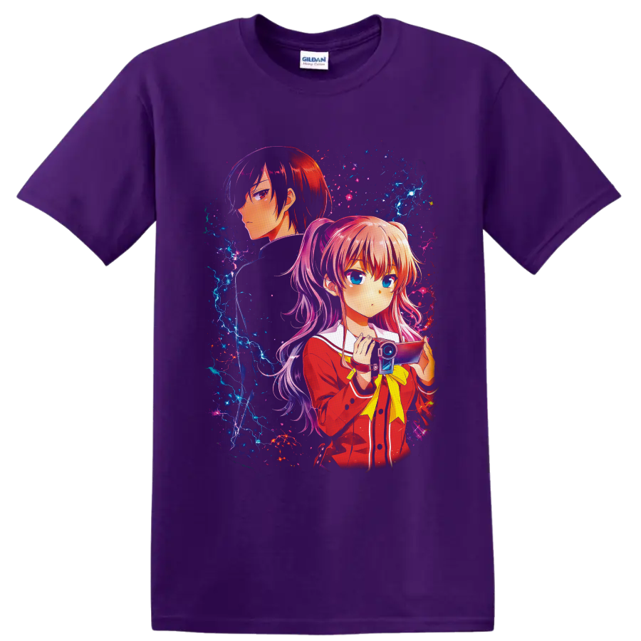 Nao Tomori and Yuu Otosaka anime art with camera and electric cosmic effects on a Purple T Shirt