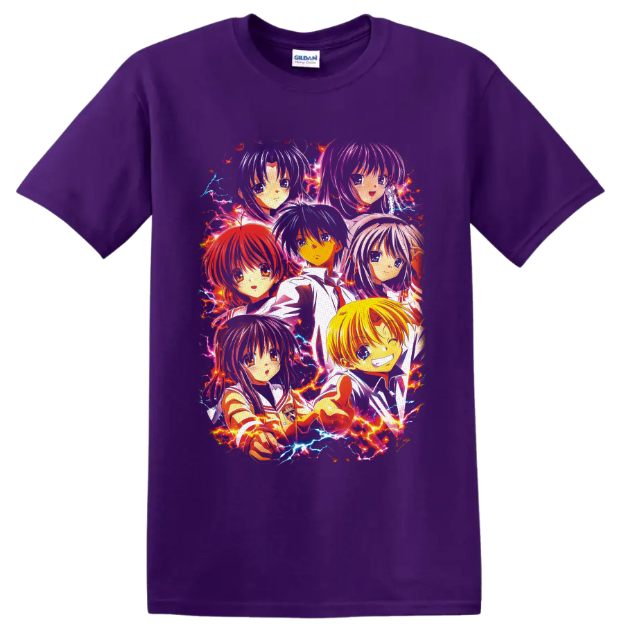 Full Moon wo Sagashite character group anime art with colorful electric lightning on a Purple T Shirt