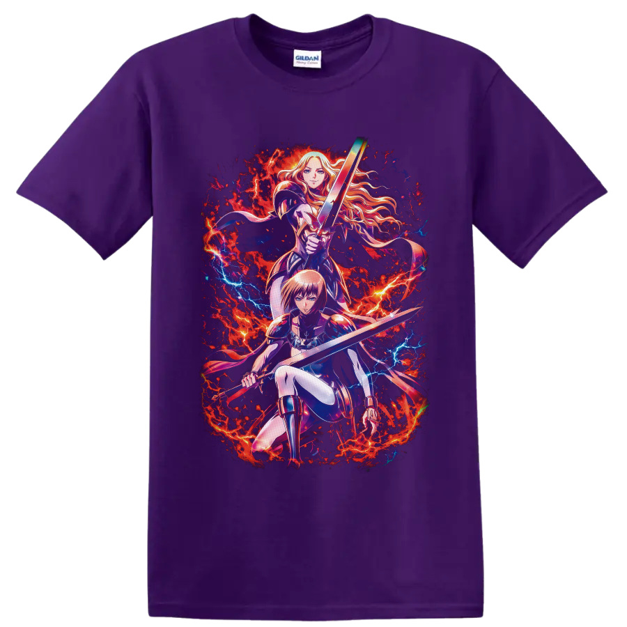 Clarice and Miata sword warrior anime art with fiery lightning battle effects on a Purple T Shirt
