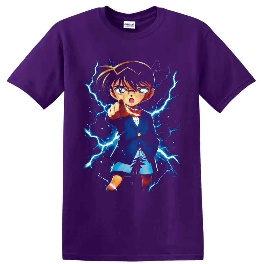 Conan Edogawa anime detective pointing amid electric-blue lightning on a Purple T Shirt