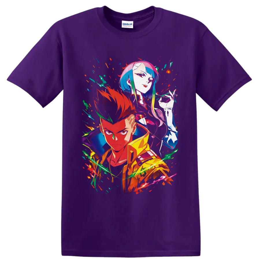 David Martinez and Lucy Kushinada in vivid neon cyberpunk anime character art on a Purple T Shirt