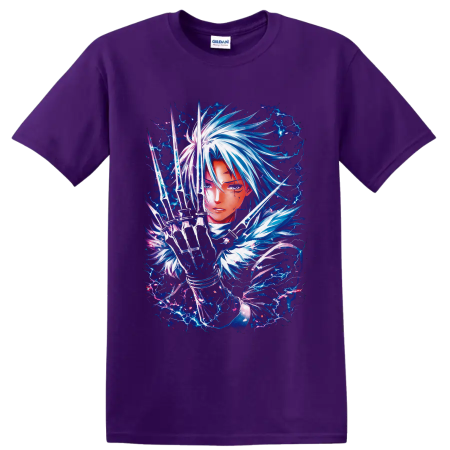 Allen Walker D.Gray-man anime art with glowing blades and electric blue lightning on a Purple T Shirt