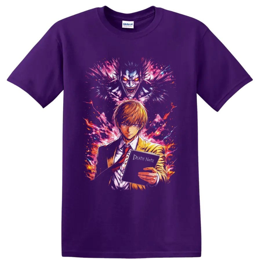 Light Yagami and Ryuk in neon manga art with a notebook and electric energy on a Purple T Shirt