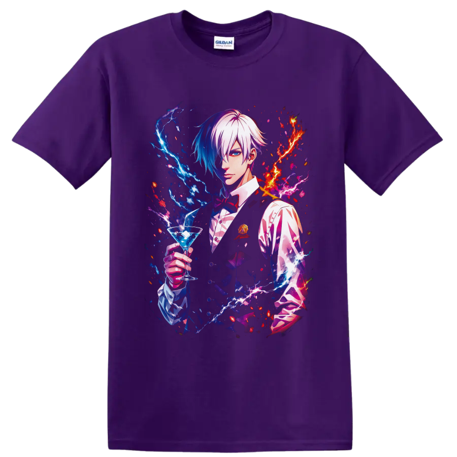 Decim Death Parade bartender holding a blue cocktail amid neon red and blue lightning on a Purple T Shirt