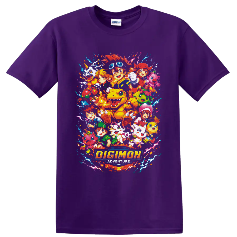Digimon Adventure Agumon and DigiDestined anime collage with lightning and logo on a Purple T Shirt