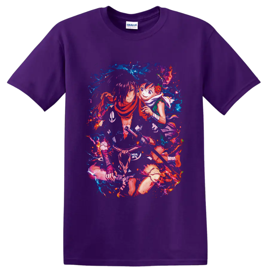 Gabimaru and Yui anime sword art with blue lightning and fiery red energy on a Purple T Shirt