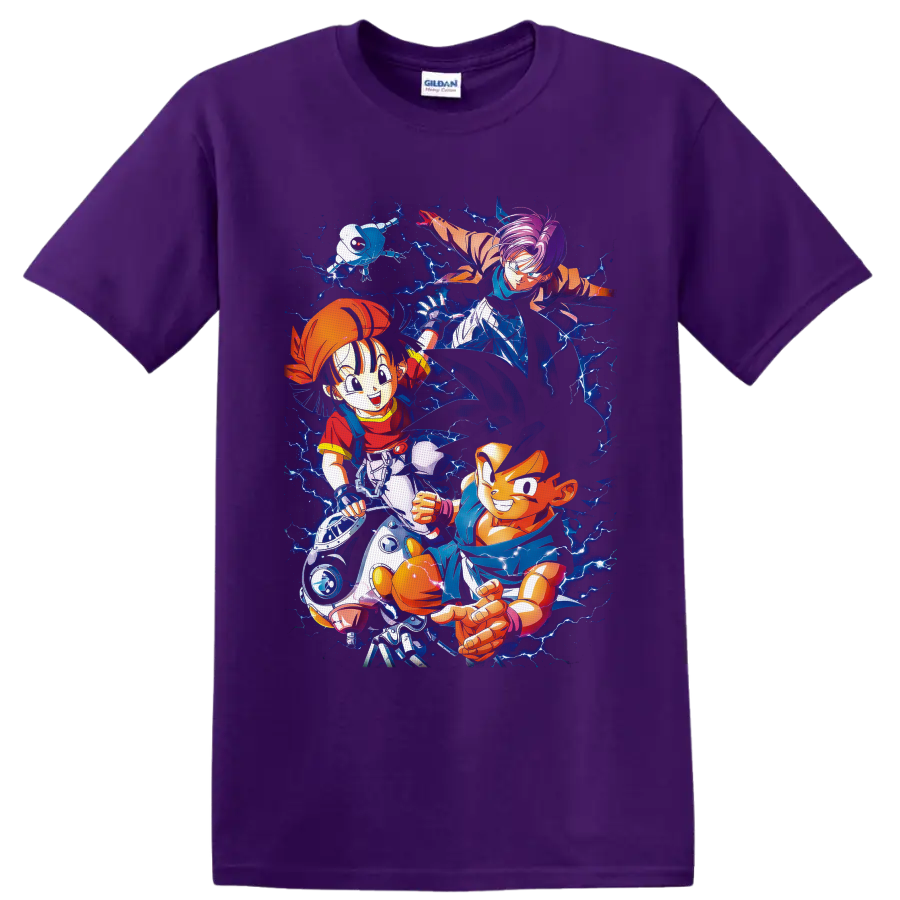 Goku, Pan and Trunks Dragon Ball GT anime art with electric blue lightning on a Purple T Shirt