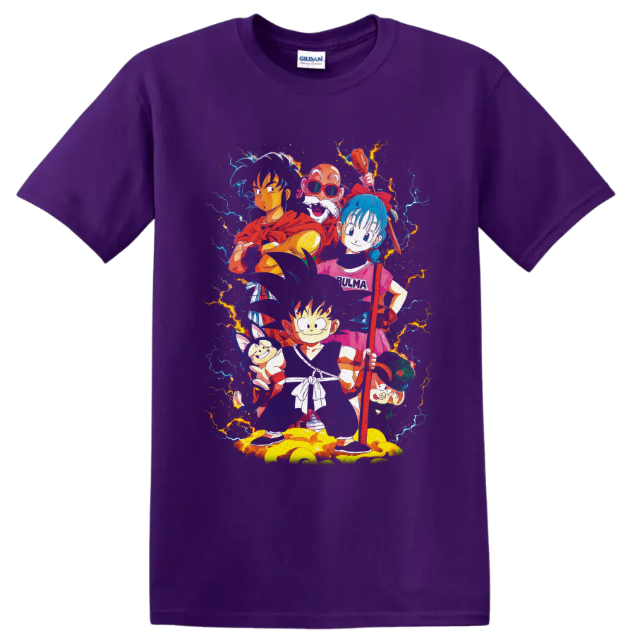 Dragon Ball Goku, Bulma, Yamcha and friends in vibrant lightning anime art on a Purple T Shirt