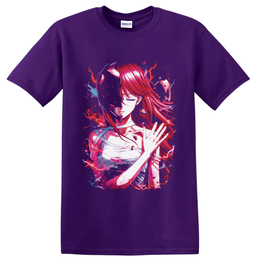 Elfen Lied Lucy anime artwork with red hair, horns, pink ribbons, and lightning on a Purple T Shirt