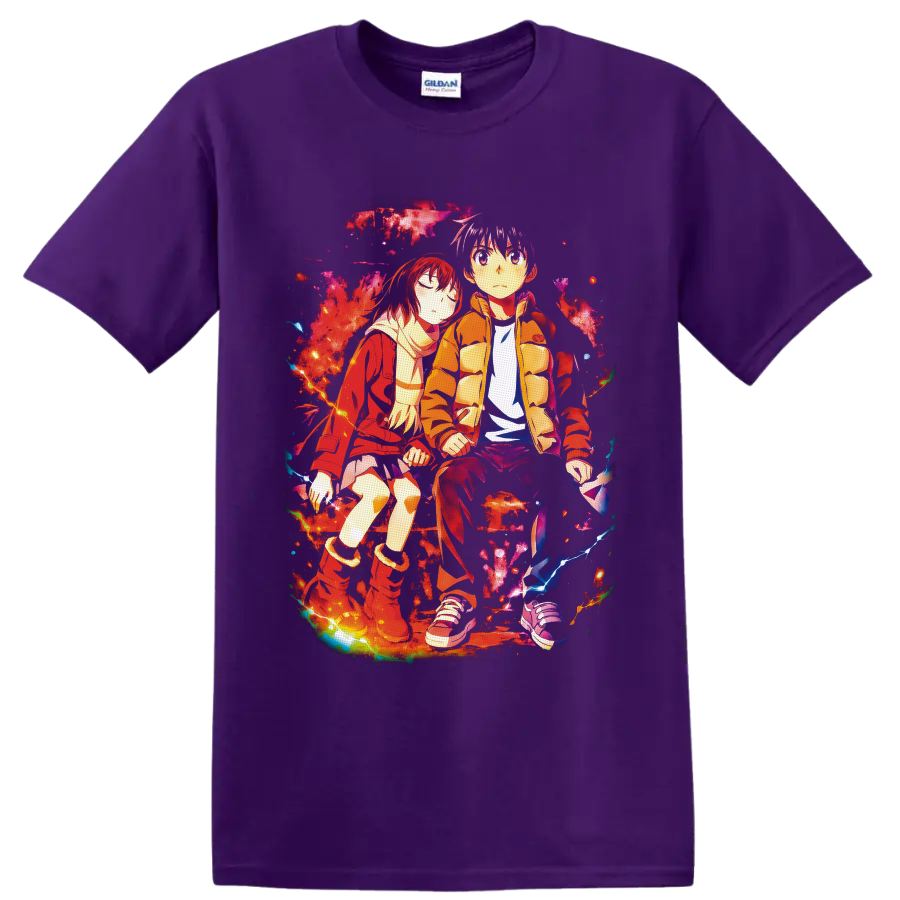 Satoru Fujinuma and Kayo Hinazuki in colorful Erased anime art with lightning on a Purple T Shirt
