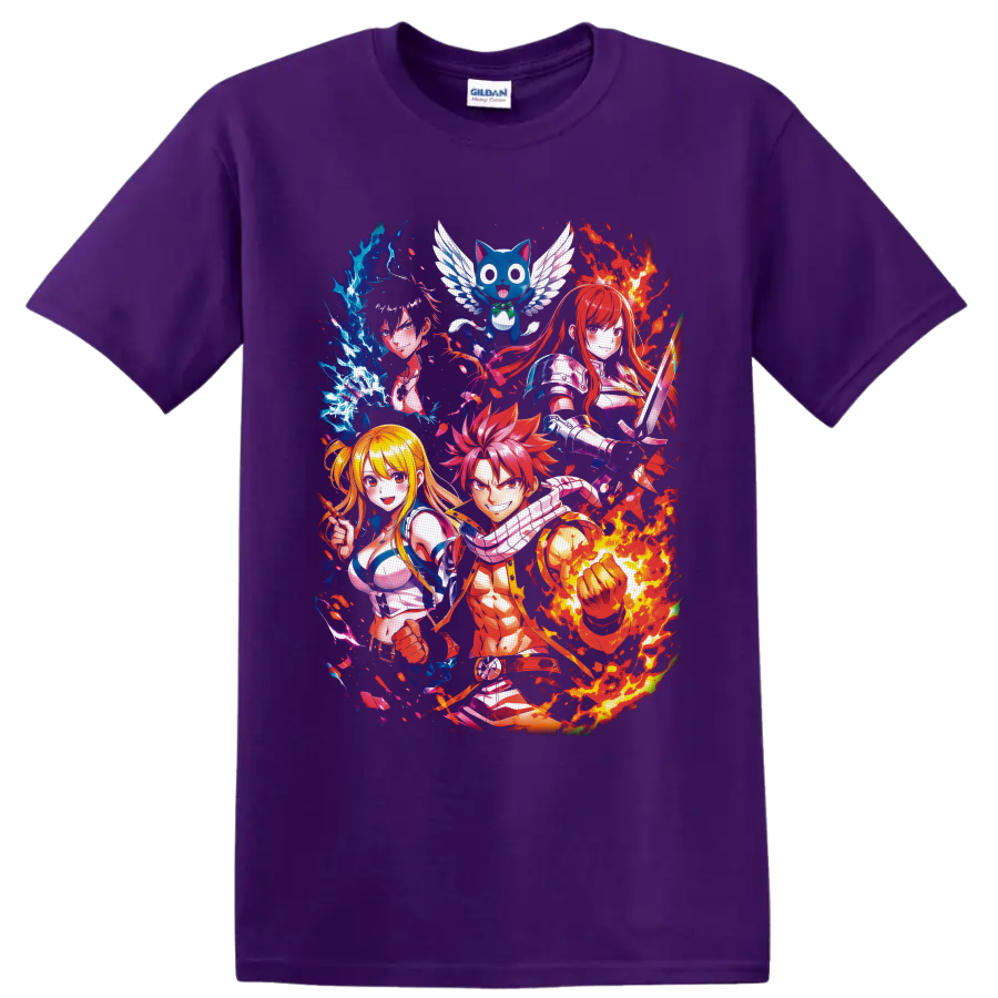 Fairy Tail characters Natsu, Lucy, Erza, Gray, and Happy in fire and ice anime art on a Purple T Shirt