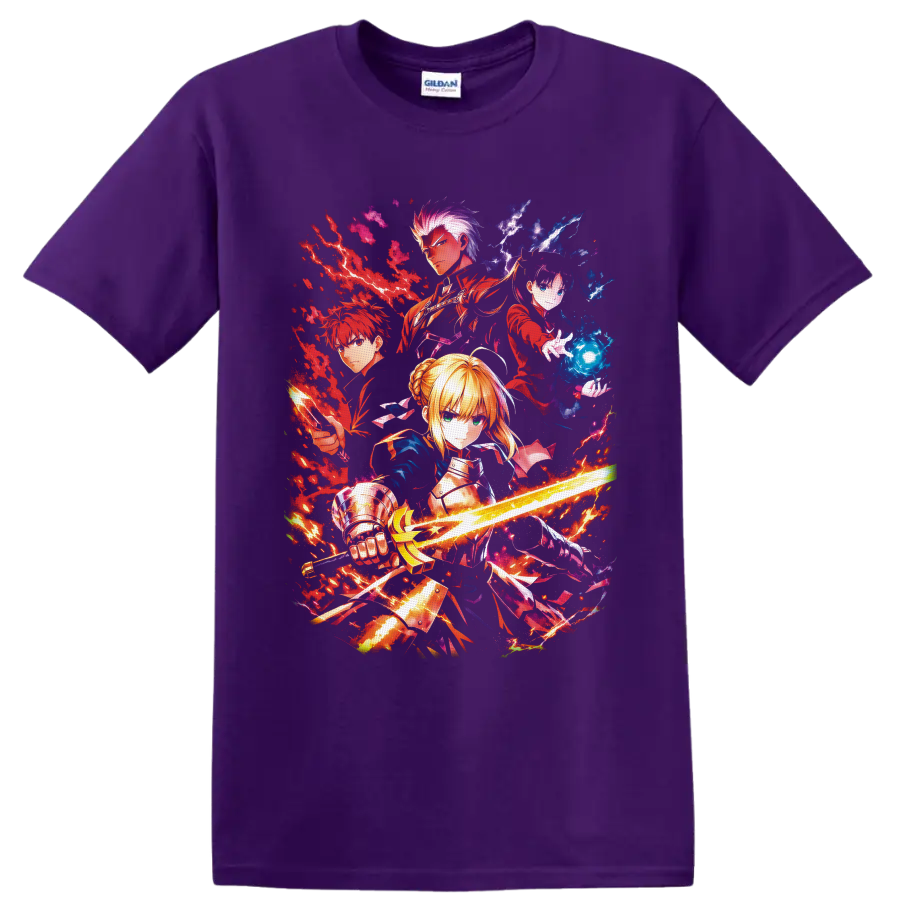 Fate/stay night Saber, Rin, Archer and Shirou action collage with sword and magic on a Purple T Shirt