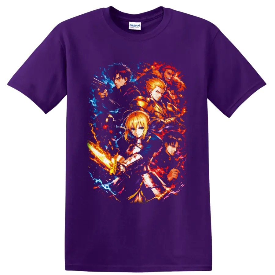 Fate/Zero Saber, Kiritsugu, Rider, Gilgamesh and Kirei anime lightning collage on a Purple T Shirt