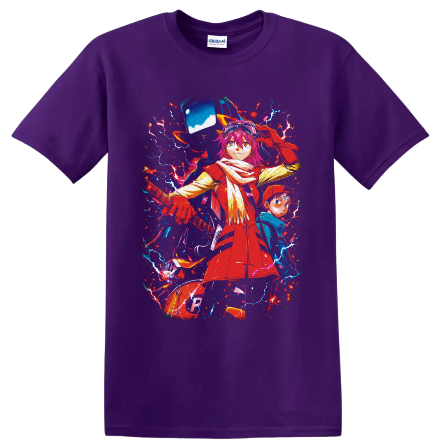 Haruko Haruhara with Naota and Canti in a neon lightning FLCL anime graphic on a Purple T Shirt