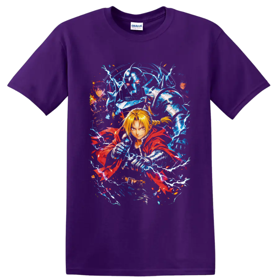 Edward Elric, Alphonse Elric, and Roy Mustang anime art with lightning and flames on a Purple T Shirt