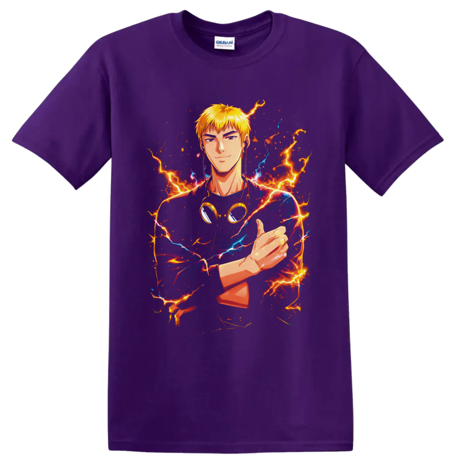 Eikichi Onizuka anime portrait with goggles, fiery lightning, and electric blue energy on a Purple T Shirt
