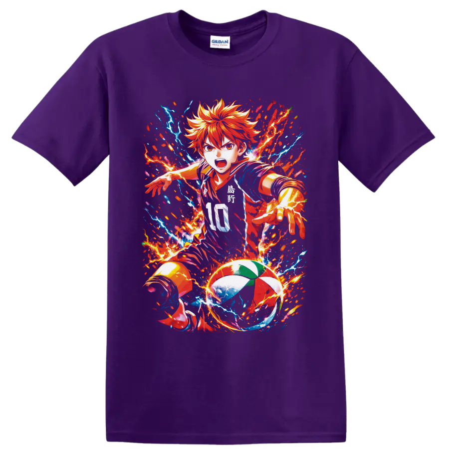 Shoyo Hinata Haikyu!! volleyball anime art with fiery lightning effects on a Purple T Shirt