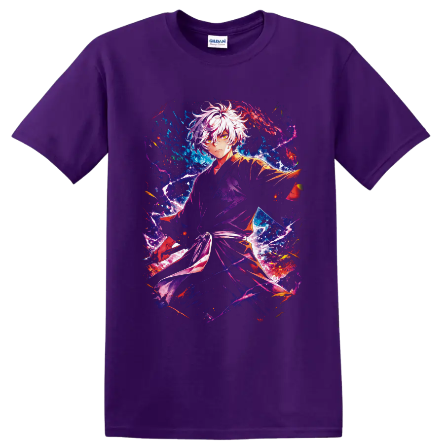 Gabimaru anime art with white hair, lightning, and blue purple red energy on a Purple T Shirt