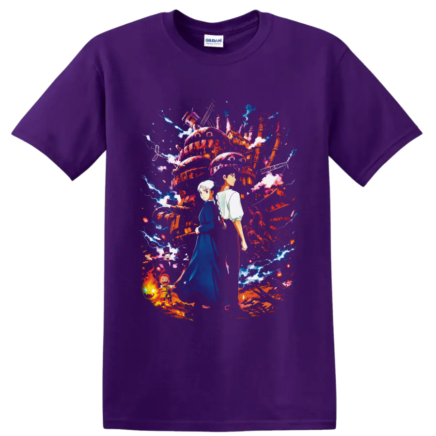 Sophie and Howl before a magical moving castle with Calcifer, Markl, lightning and flames on a Purple T Shirt