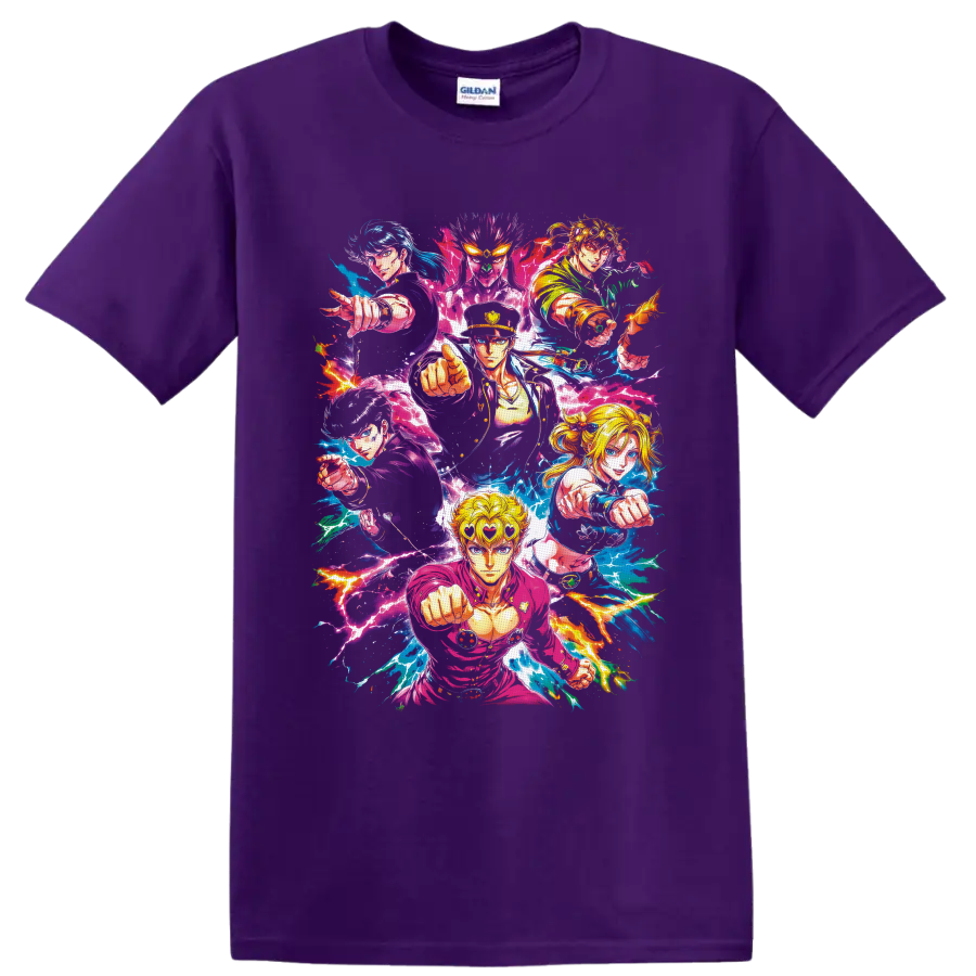 Jonathan Joestar and JoJo's Bizarre Adventure heroes in vibrant lightning anime art on a Purple T Shirt