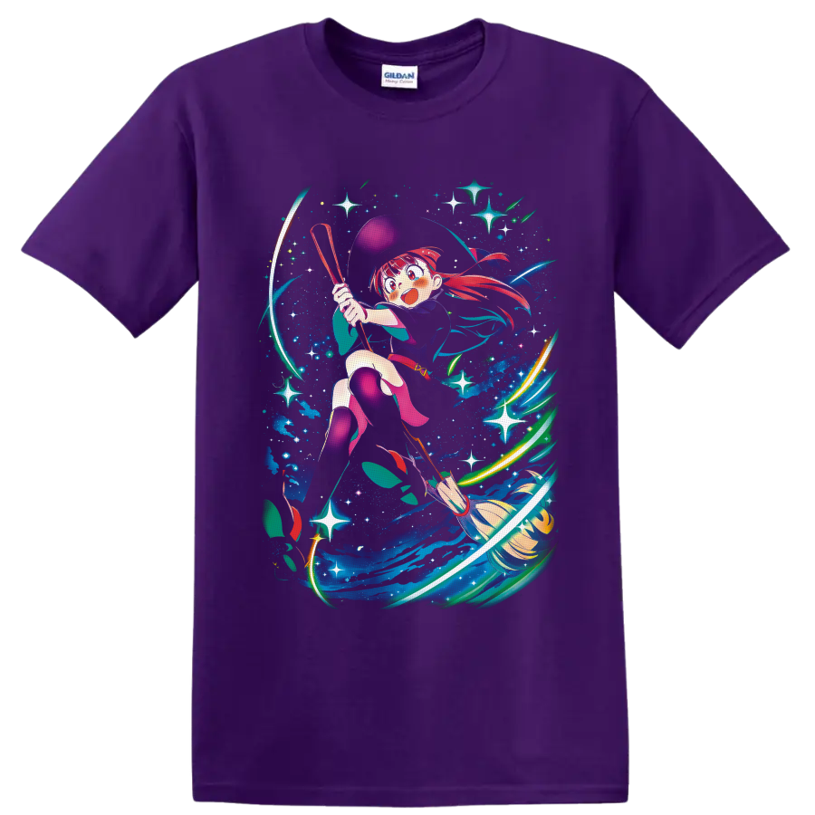Atsuko Kagari flying on a broom through colorful cosmic magic and stars on a Purple T Shirt