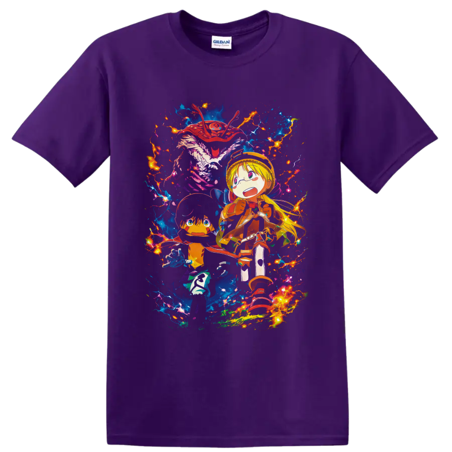 Riko and Reg with blue creature, electric lightning, and vivid fantasy anime art on a Purple T Shirt