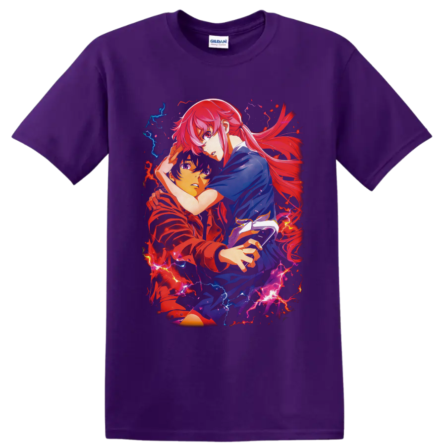 Mirai Nikki anime character duo with red blue lightning and flowing pink-red hair on a Purple T Shirt