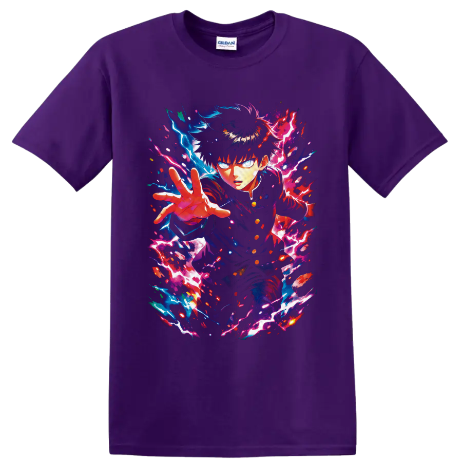 Shigeo Kageyama psychic anime art with blue and pink lightning energy on a Purple T Shirt