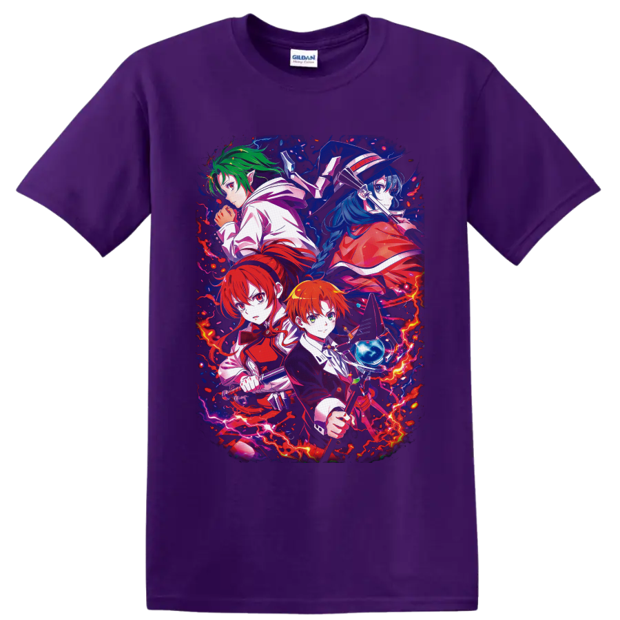 Rudeus Greyrat and companions in vivid fantasy anime art with lightning and magic on a Purple T Shirt