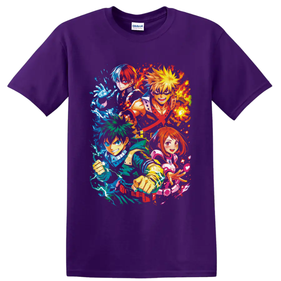 My Hero Academia heroes in colorful anime action collage with energy effects on a Purple T Shirt