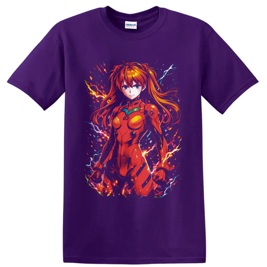 Asuka Langley Soryu in red pilot suit with neon lightning anime action art on a Purple T Shirt