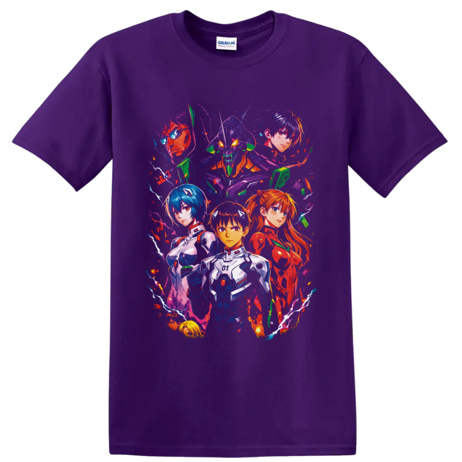 Neon Genesis Evangelion character collage with Shinji Ikari and Unit-01 in neon splatter on a Purple T Shirt