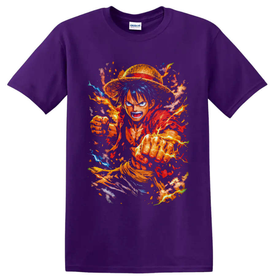 Monkey D. Luffy Gear 5 punching through fiery lightning in dynamic manga art on a Purple T Shirt