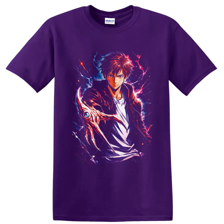 Baku Madarame Usogui manga-style portrait with red hair, lightning, and creature head on a Purple T Shirt