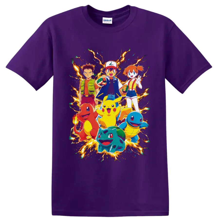 Ash Ketchum, Pikachu, Brock, Misty and starter Pokémon in fiery anime group art on a Purple T Shirt