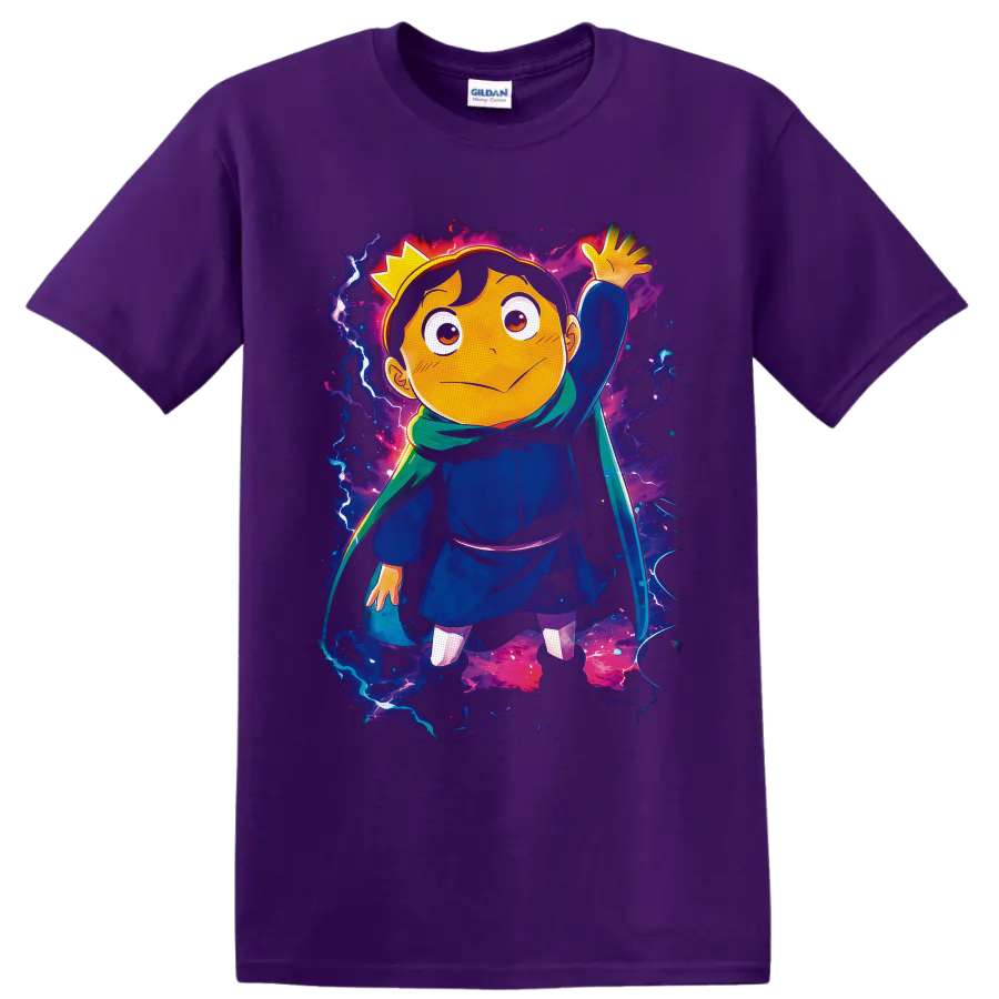 Bojji with crown, sword, and green scarf in cosmic anime fantasy art on a Purple T Shirt
