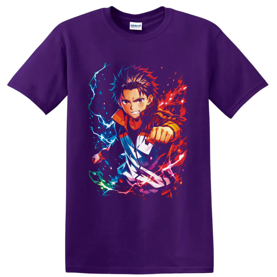 Yuji Itadori anime action art with red energy splashes and blue lightning on a Purple T Shirt