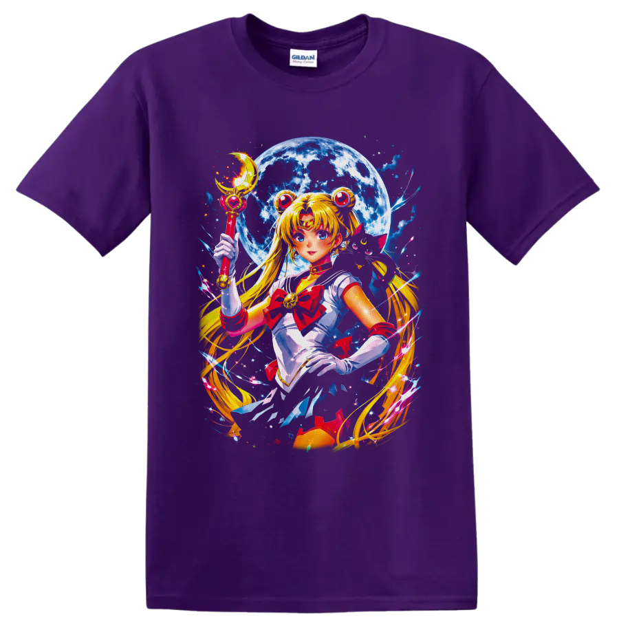 Usagi Tsukino Sailor Moon anime art with crescent wand, full moon, and stars on a Purple T Shirt