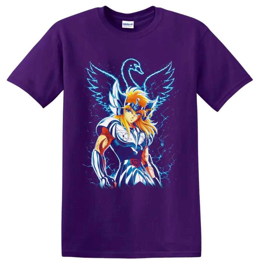 Cygnus Hyoga in swan armor with a glowing swan and electric blue lightning on a Purple T Shirt