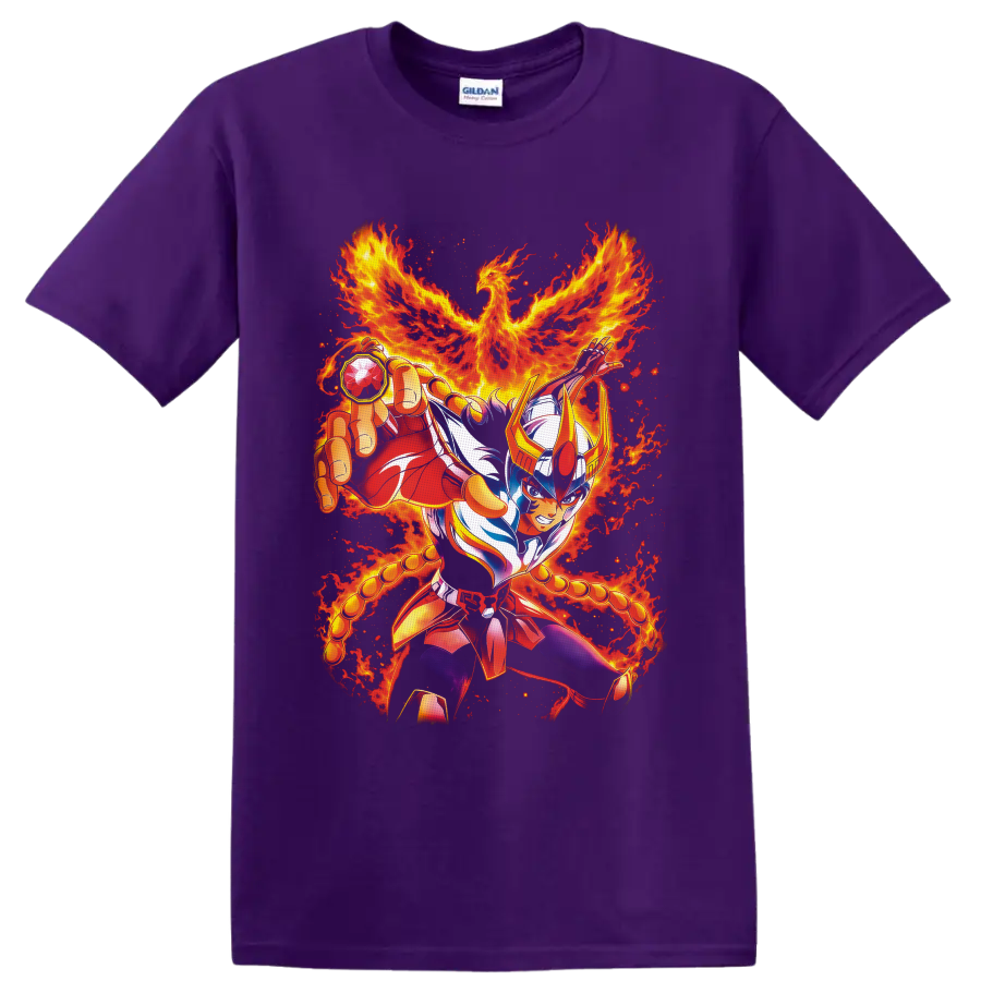 Phoenix Ikki armored warrior with a blazing fire phoenix in vivid anime art on a Purple T Shirt