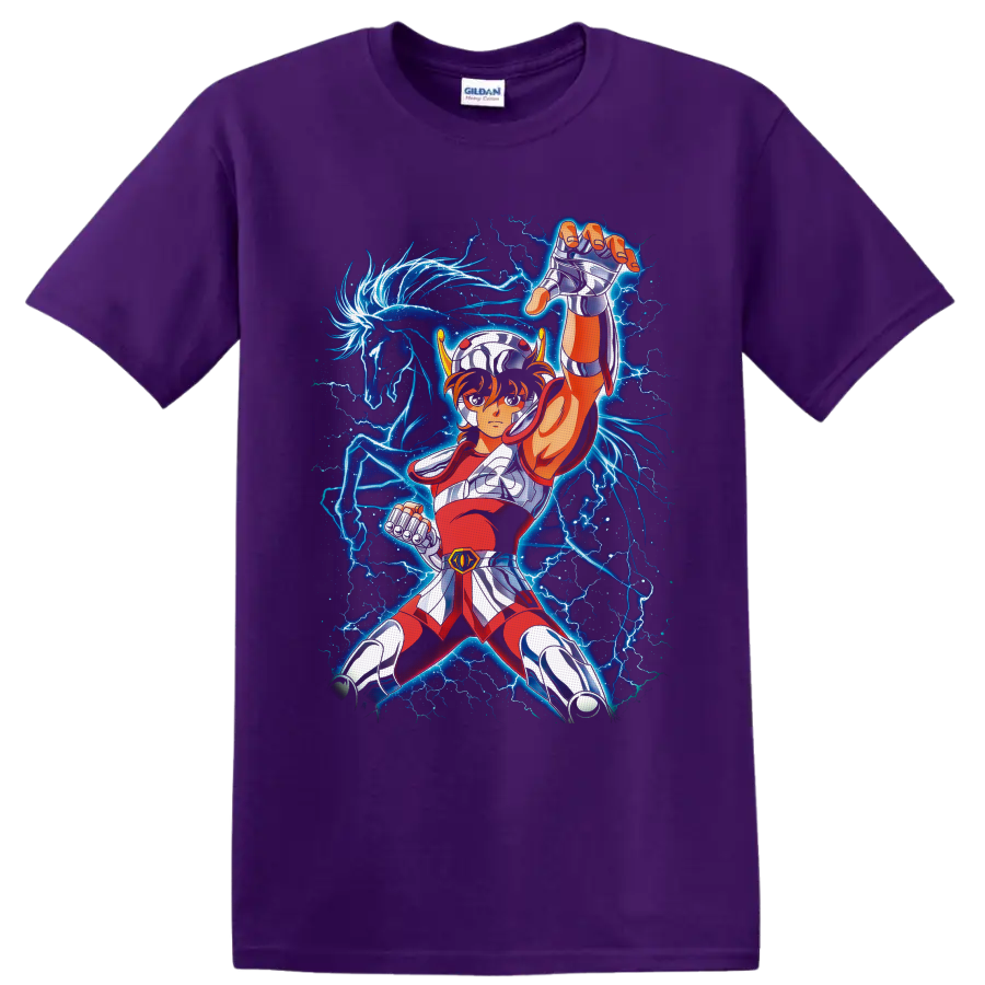 Pegasus Seiya in silver armor with blue lightning and glowing winged horse artwork on a Purple T Shirt
