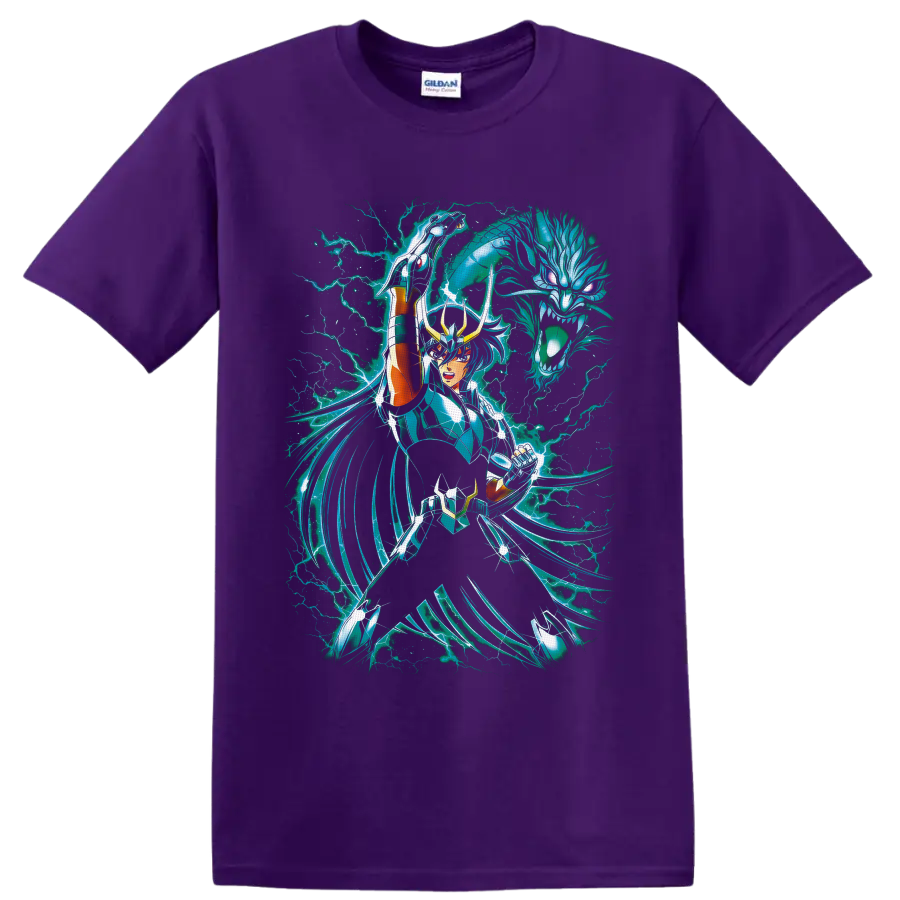 Dragon Shiryu in teal armor with spectral dragon and cyan lightning on a Purple T Shirt