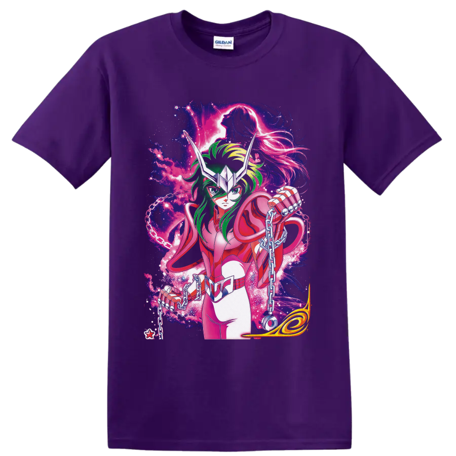 Andromeda Shun in pink armor with chains amid neon cosmic anime art on a Purple T Shirt