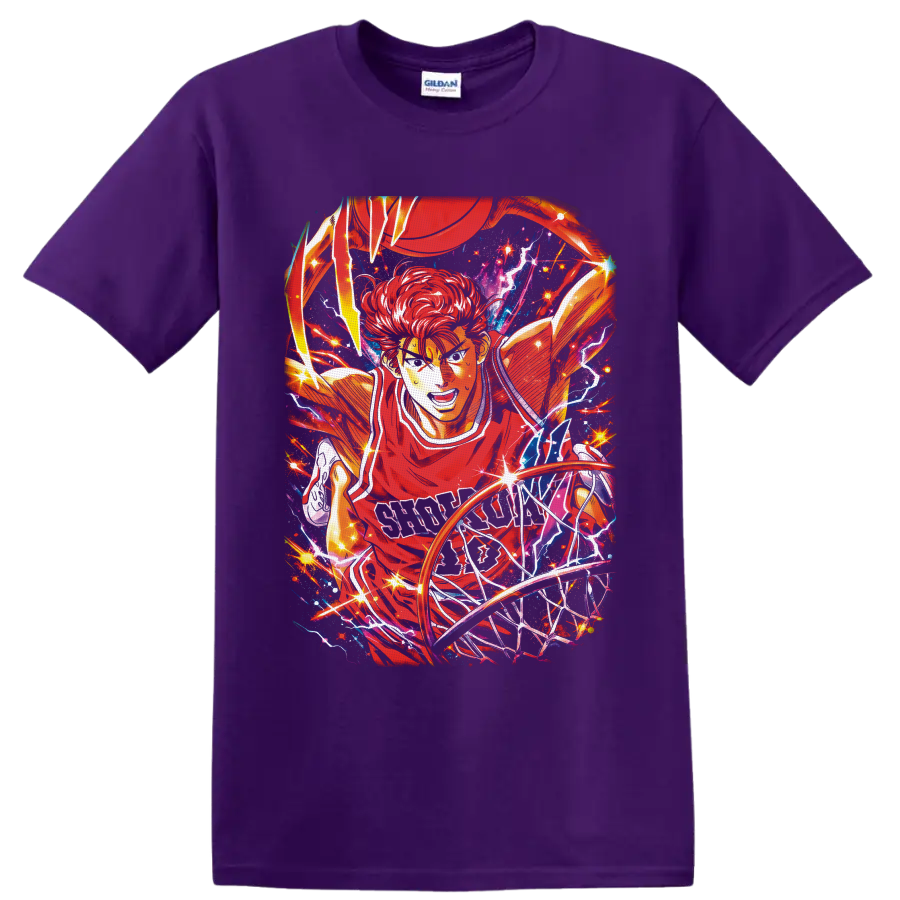 Hanamichi Sakuragi basketball anime art driving to the hoop with lightning and stars on a Purple T Shirt